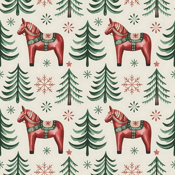 red horses, dala horses, evergreen trees, pine trees, snowflakes, stars, folk art, scandinavian style, christmas pattern, winter theme, forest green, coral red, cream background, repeating pattern,, fabric panel, nordic design, holiday motif, decorative saddles, festive elements