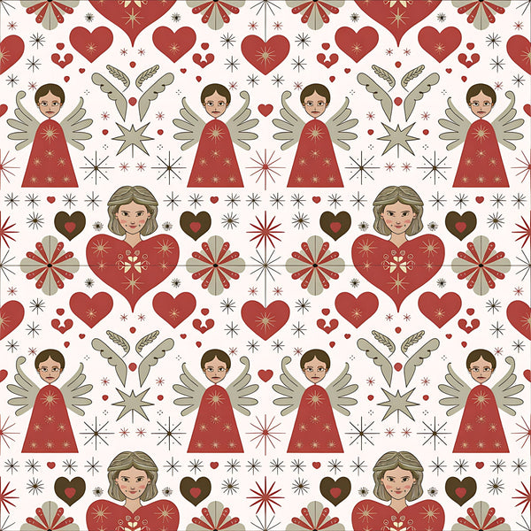 red, cream, beige, angels, hearts, stars, snowflakes, folk art, scandinavian, christmas,, fabric panel, geometric motifs, winged figures, starburst patterns, holiday theme, repeating pattern, festive design, winter motifs, decorative elements