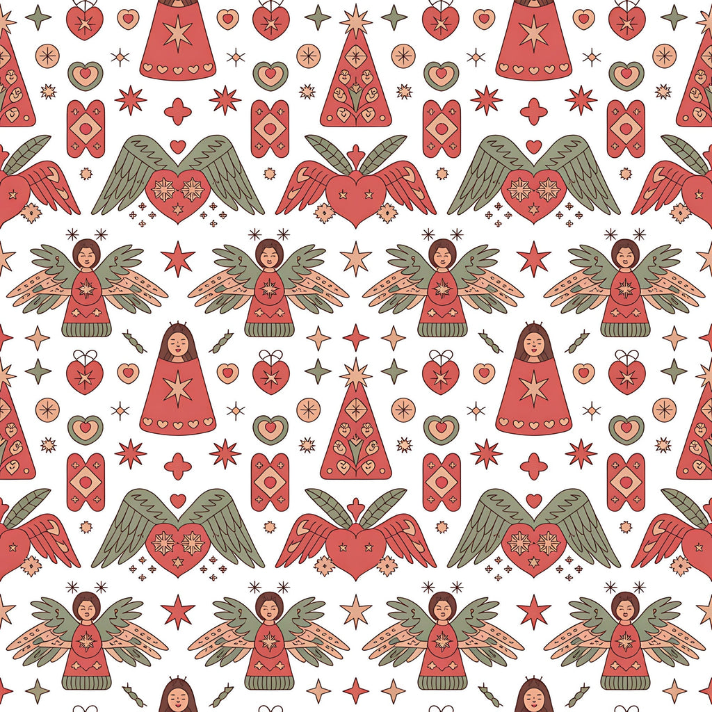 coral red, sage green, cream background, scandinavian folk, christmas angels, winged hearts, decorative stars, geometric patterns,, fabric panel, holiday motifs, folk art style, repeating pattern, festive design, winter theme, nordic inspired, ornamental hearts, stylized figures, seasonal fabric, craft cotton
