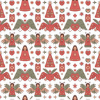 coral red, sage green, cream background, scandinavian folk, christmas angels, winged hearts, decorative stars, geometric patterns,, fabric panel, holiday motifs, folk art style, repeating pattern, festive design, winter theme, nordic inspired, ornamental hearts, stylized figures, seasonal fabric, craft cotton