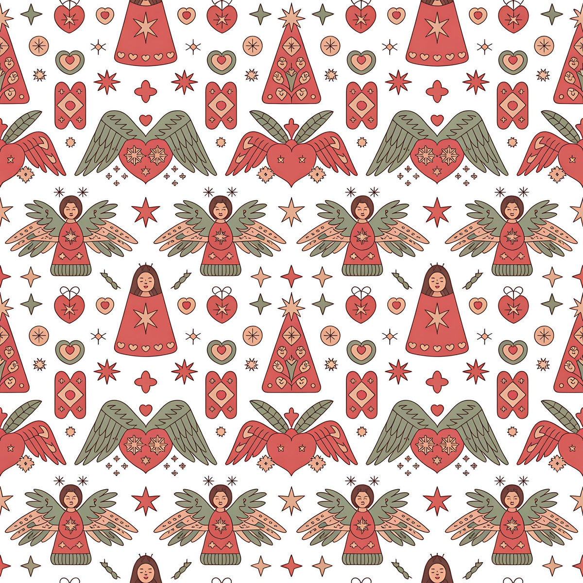 coral red, sage green, cream background, scandinavian folk, christmas angels, winged hearts, decorative stars, geometric patterns,, fabric panel, holiday motifs, folk art style, repeating pattern, festive design, winter theme, nordic inspired, ornamental hearts, stylized figures, seasonal fabric, craft cotton