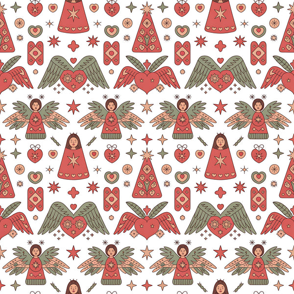 coral red, sage green, cream background, scandinavian folk, christmas angels, winged hearts, decorative stars, geometric patterns,, fabric panel, holiday motifs, folk art style, repeating pattern, festive design, winter theme, nordic inspired, ornamental hearts, stylized figures, seasonal fabric, craft cotton