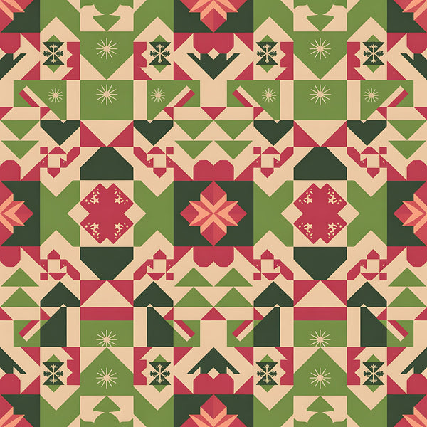 scandinavian folk, christmas pattern,, fabric panel, geometric blocks, red green beige, holiday motifs, star patterns, diamond shapes, triangular designs, winter theme, festive colors, patchwork style, quilt blocks, nordic inspired, seasonal fabric, folk art, holiday quilting, geometric piecing, christmas crafting
