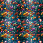 Rainbow Reef Pattern 7 colorful fish, coral and bubbles in a deep teal underwater scene on fleece fabric