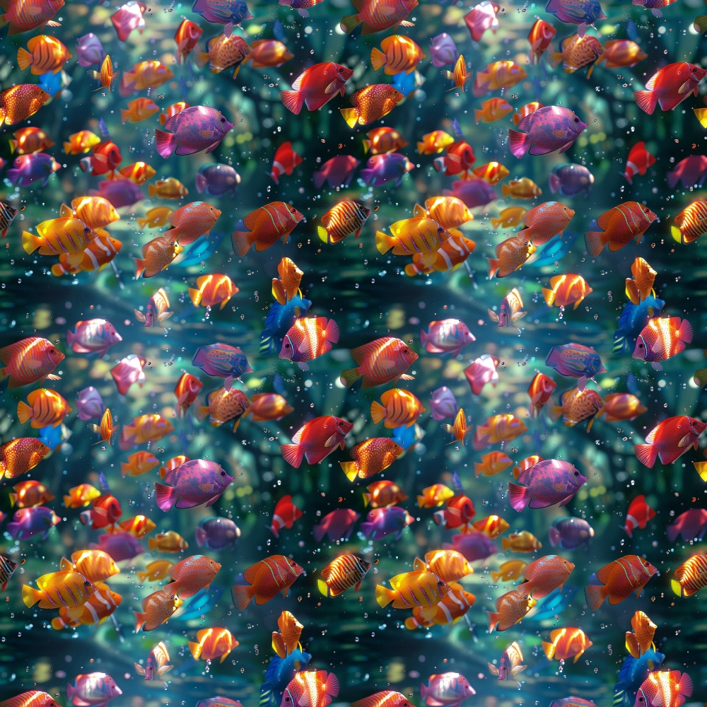 Rainbow Reef Pattern 7 colorful fish, coral and bubbles in a deep teal underwater scene on fleece fabric
