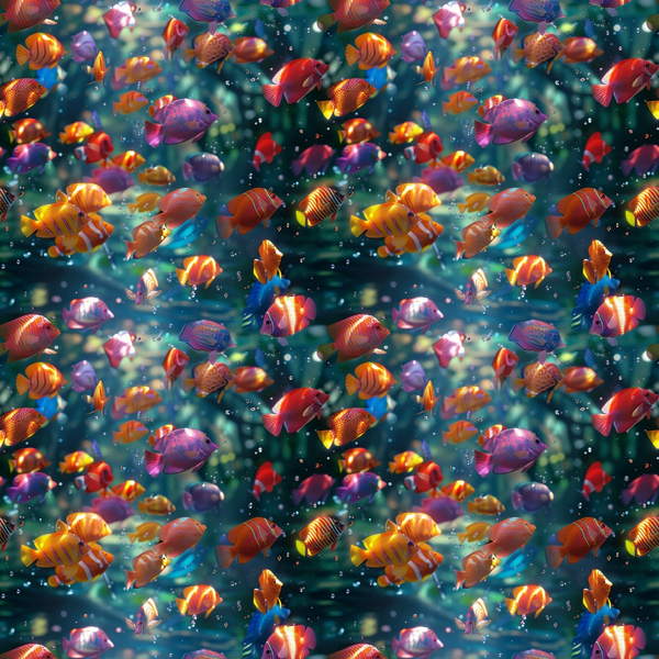 Rainbow Reef Pattern 7 colorful fish, coral and bubbles in a deep teal underwater scene on fleece fabric