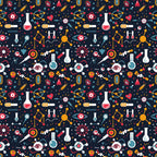 Seamless pattern with science-themed icons including flasks, atoms, DNA strands, and laboratory equipment on a dark background.