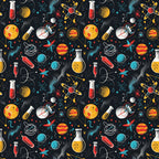 Seamless pattern with doodles of atoms, planets, astronauts, rockets, and lab equipment on a black background.