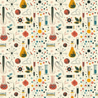 Illustration of various scientific equipment and molecular structures, including test tubes, flasks, and atomic models, arranged in a repetitive pattern on a beige background.