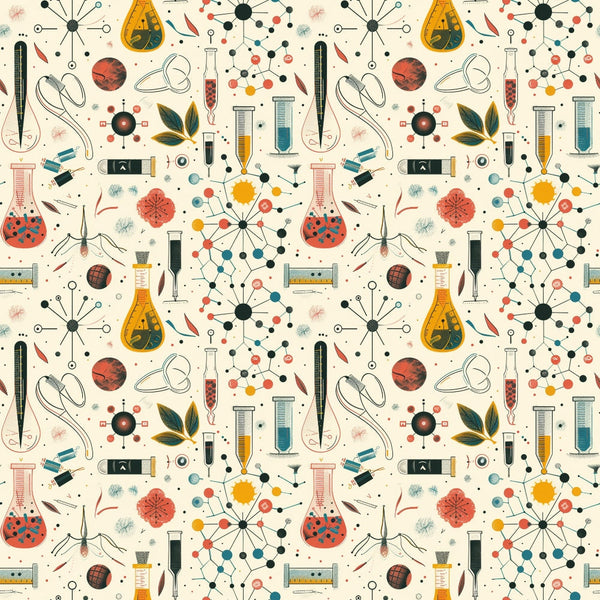 Illustration of various scientific equipment and molecular structures, including test tubes, flasks, and atomic models, arranged in a repetitive pattern on a beige background.