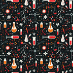 Seamless pattern of science-themed icons on a dark background, including flasks, syringes, molecules, stars, and test tubes in red, orange, and white.