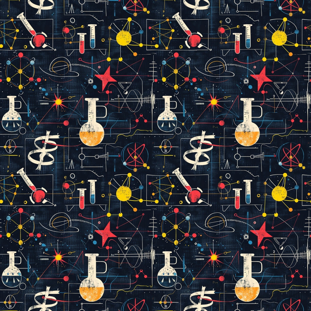 Seamless pattern with scientific instruments, equations, and symbols on a dark background.