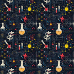 Seamless pattern with scientific instruments, equations, and symbols on a dark background.