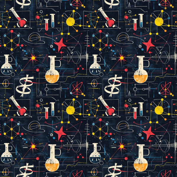 Seamless pattern with scientific instruments, equations, and symbols on a dark background.