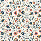 Seamless pattern with planets, rockets, telescopes, test tubes, and scientific symbols on a light background.