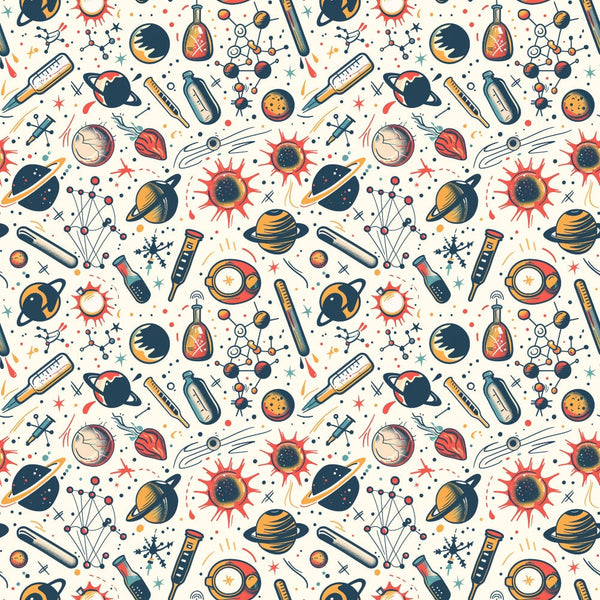 Seamless pattern with planets, rockets, telescopes, test tubes, and scientific symbols on a light background.