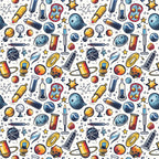 Seamless pattern of science-themed illustrations with planets, test tubes, atoms, rockets, and stars on a white background.