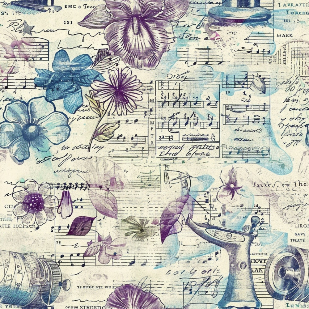 Vintage collage with floral illustrations, sheet music, and scientific elements such as a microscope, in soft blue, purple, and beige tones.