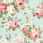 Patterned image with pink and white roses and green leaves on a light blue background.