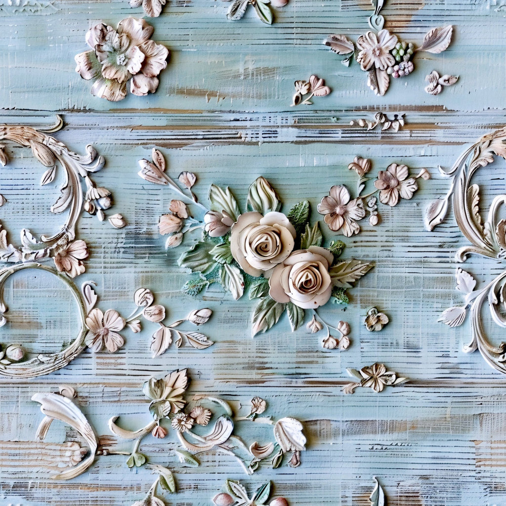 Weathered Filigree Pattern 20 fleece fabric with blush, cream, and sage floral scrollwork on weathered pale-blue wood texture