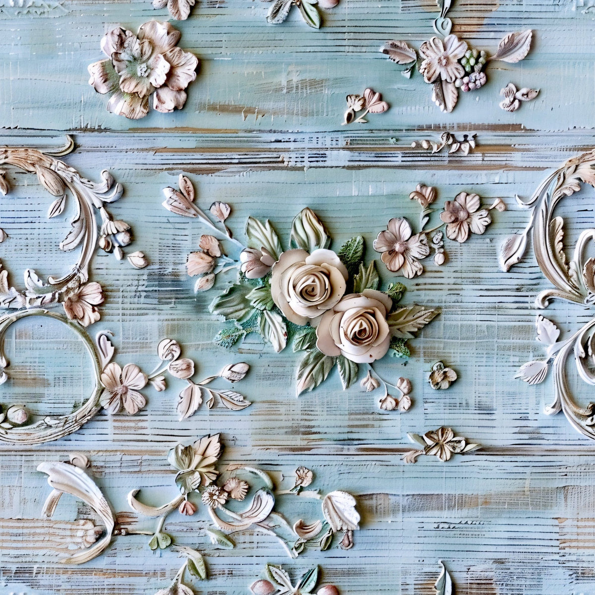 Weathered Filigree Pattern 20 fleece fabric with blush, cream, and sage floral scrollwork on weathered pale-blue wood texture