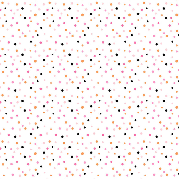 A pattern of scattered dots in black, pink, and orange on a white background.