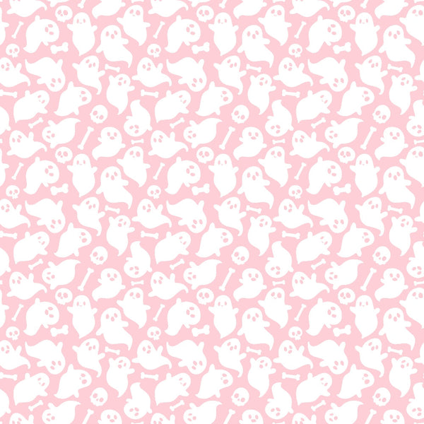 Pattern of white ghosts, skulls, and bones on a pink background.