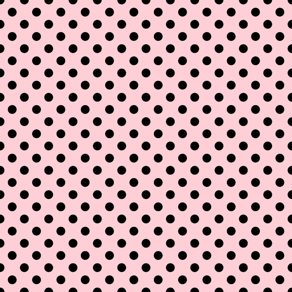 Black polka dots evenly distributed on a pink background.