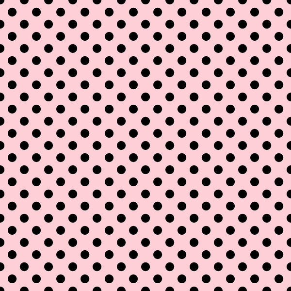 Black polka dots evenly distributed on a pink background.
