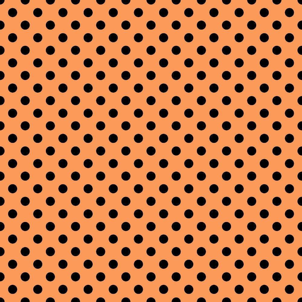Orange background with a pattern of evenly spaced black polka dots.
