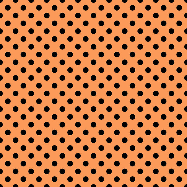 Orange background with a pattern of evenly spaced black polka dots.