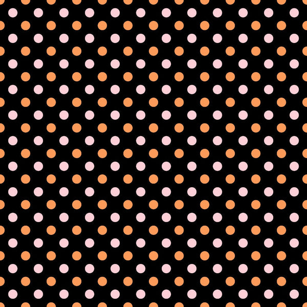 Pattern of alternating pink and orange polka dots on a black background.