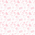 A seamless pattern featuring pink Halloween-themed icons, including ghosts, pumpkins, skulls, bats, witch hats, bones, and the word BOO! on a white background.