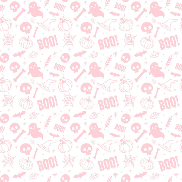 A seamless pattern featuring pink Halloween-themed icons, including ghosts, pumpkins, skulls, bats, witch hats, bones, and the word BOO! on a white background.