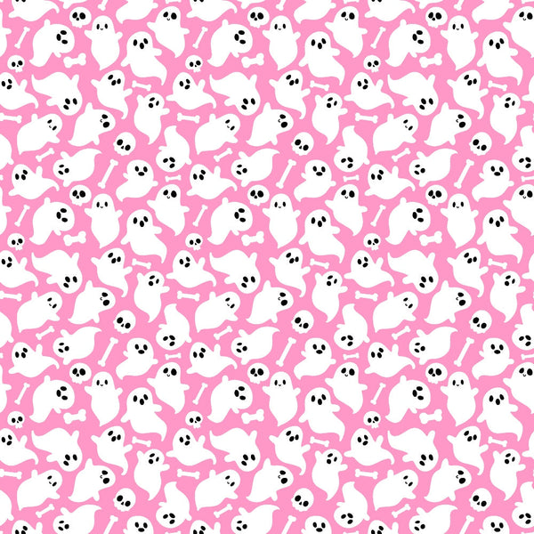 Pattern of white ghosts, skulls, and bones on a pink background.