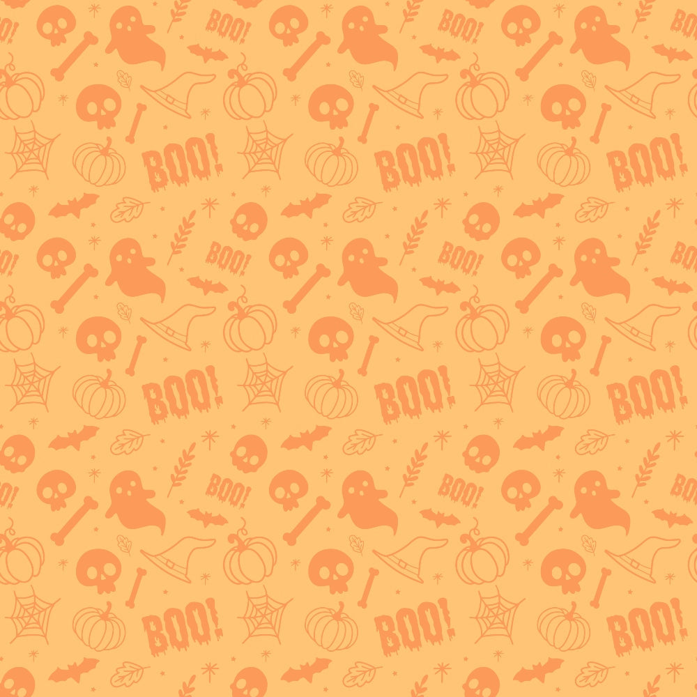 Orange Halloween-themed pattern with ghost, skull, pumpkin, bat, spider web, witch hat, bone, leaf, and BOO! motifs.