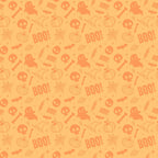 Orange Halloween-themed pattern with ghost, skull, pumpkin, bat, spider web, witch hat, bone, leaf, and BOO! motifs.