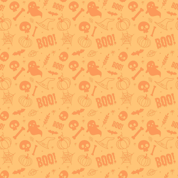 Orange Halloween-themed pattern with ghost, skull, pumpkin, bat, spider web, witch hat, bone, leaf, and BOO! motifs.