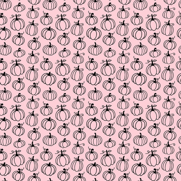 Pattern of black outlined pumpkins on a pink background, arranged in evenly spaced rows and columns.
