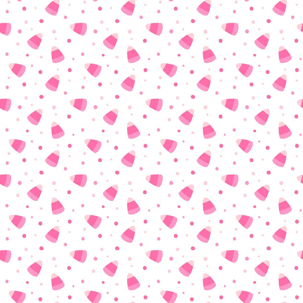 A pattern of pink candy corn and small pink dots scattered on a white background.