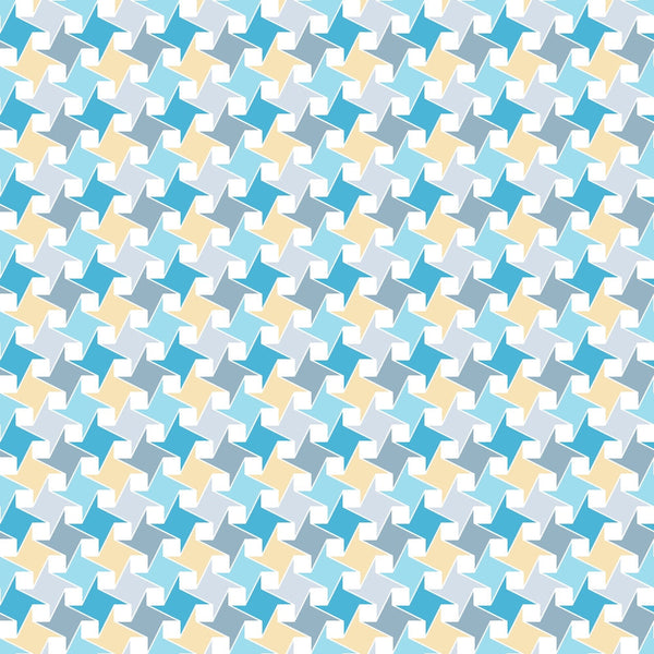 A repeating geometric pattern with interlocking shapes in teal, yellow, and white forming an optical illusion effect.