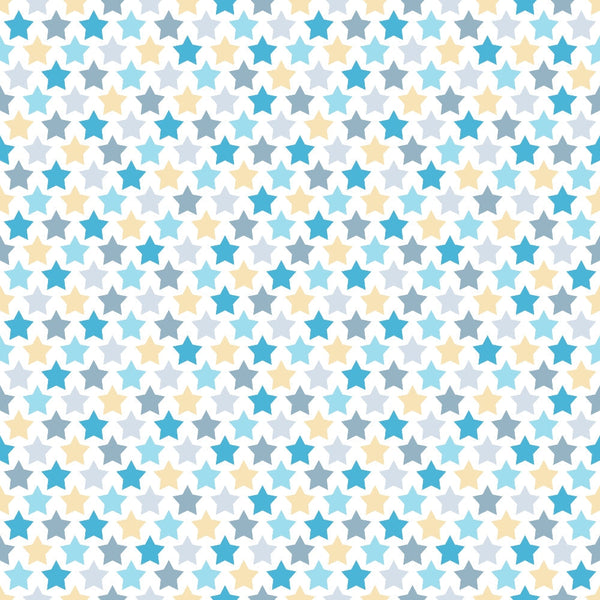 Pattern of small stars in blue, yellow, and gray on a white background, arranged in a repeating, evenly spaced design.