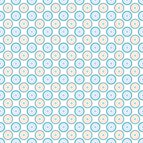 Pattern of blue, yellow, and white concentric circles on a white background, arranged diagonally across the image.