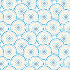 Circular geometric pattern with concentric rings of blue and beige dots on a white background.