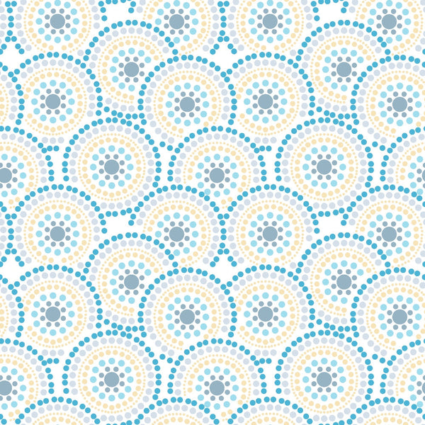 Circular geometric pattern with concentric rings of blue and beige dots on a white background.