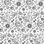 Seamless pattern with space-themed icons, including planets, stars, rockets, and various celestial symbols on a white background.