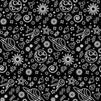 Black and white seamless pattern with space elements like planets, rockets, stars, and telescopes.