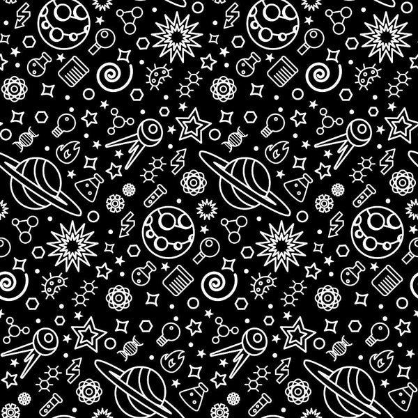 Black and white seamless pattern with space elements like planets, rockets, stars, and telescopes.