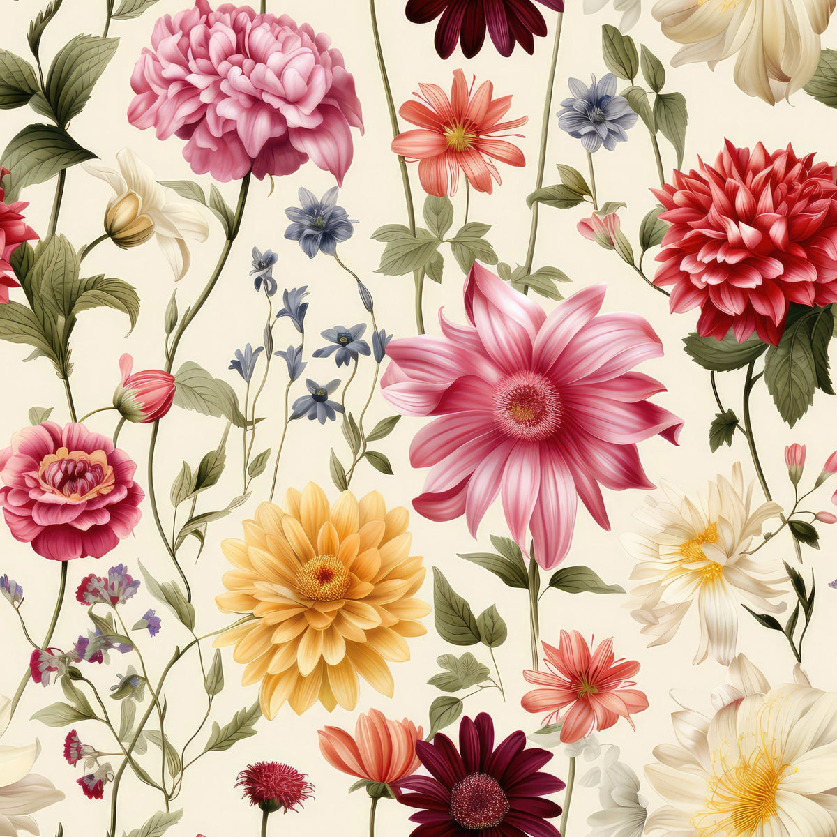 Airy Blooms Pattern 5 fleece fabric with pink, red, yellow and peach flowers, leafy stems and a light cream ground