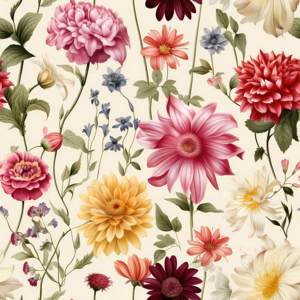 Airy Blooms Pattern 5 fleece fabric with pink, red, yellow and peach flowers, leafy stems and a light cream ground